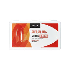 ibd Soft Gel Tips Medium Almond in white case, pre-etched soft gel nail tips for long-lasting salon nail extensions.