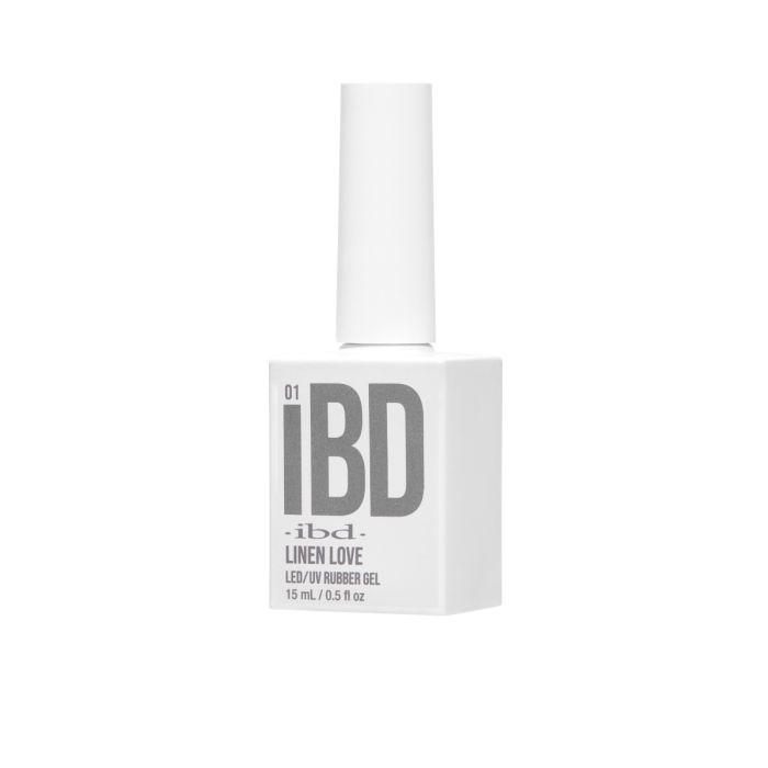 IBD Linen Love LED/UV Rubber Gel bottle angled view, designed for strong, flexible manicures in a classic neutral.