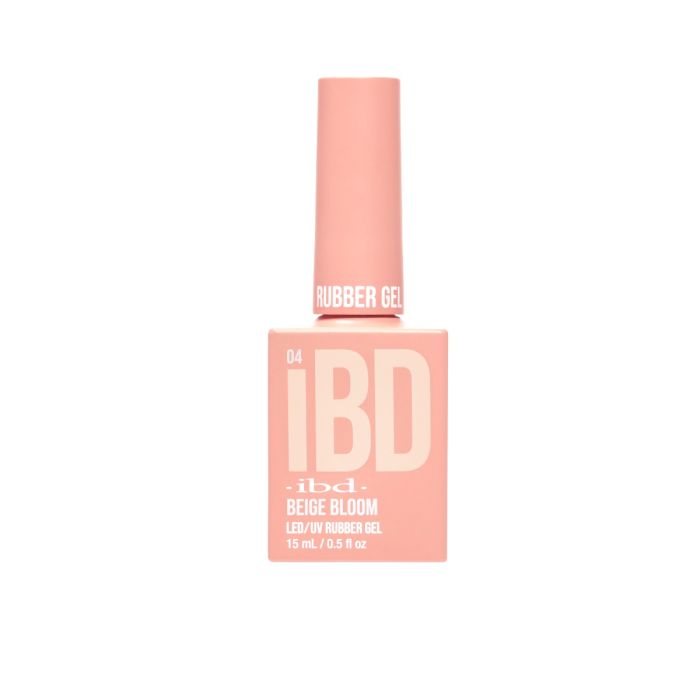 IBD Beige Bloom Rubber Gel in a blush beige bottle, ideal for soft, romantic nail designs.