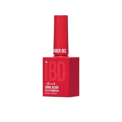 Angled view of IBD Rubber Gel Coral Blush bottle featuring a vibrant red hue and sleek design.