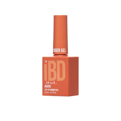 Angled view of IBD Rubber Gel Agave bottle, highlighting its rich terracotta-orange color.