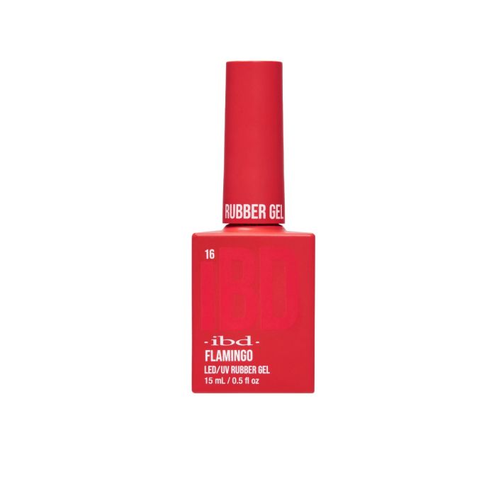 IBD Rubber Gel in Flamingo, a vibrant red-coral gel polish that makes a bold, confident manicure statement.