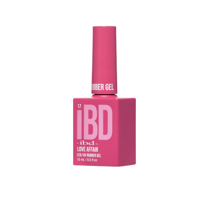 Angled view of IBD Rubber Gel Love Affair bottle featuring a lush pink hue and sleek shape.