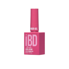 Angled view of IBD Rubber Gel Love Affair bottle featuring a lush pink hue and sleek shape.