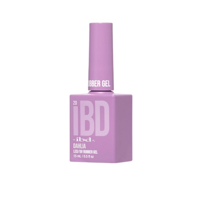 Angled view of IBD Rubber Gel Dahlia bottle, showing off its soft lilac shade.