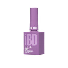 Angled view of IBD Rubber Gel Velvet bottle featuring its rich purple hue and sleek design.