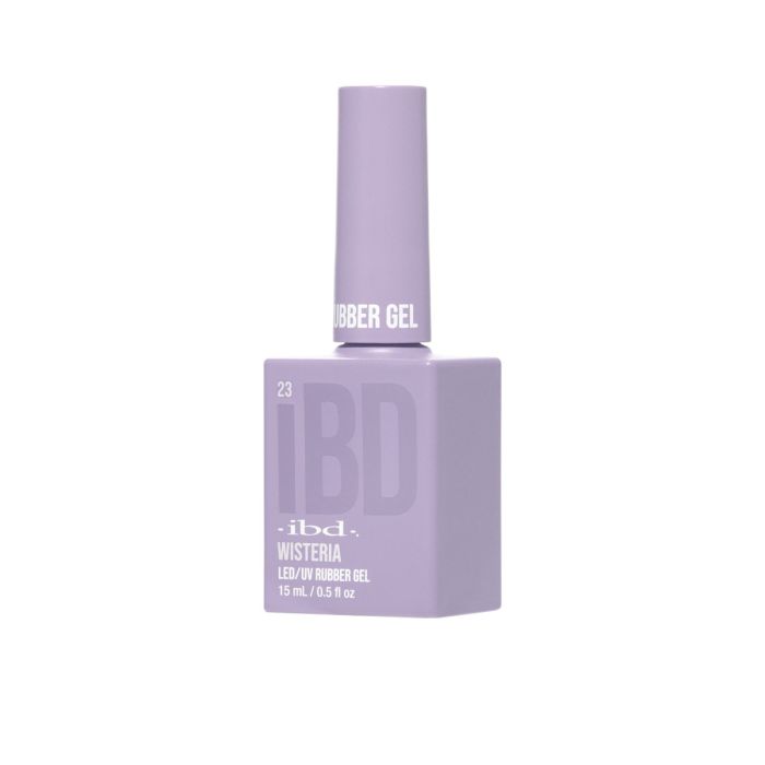 IBD Wisteria Rubber Gel bottle angled view shown in soft lavender for a calm, cool-toned nail appearance.