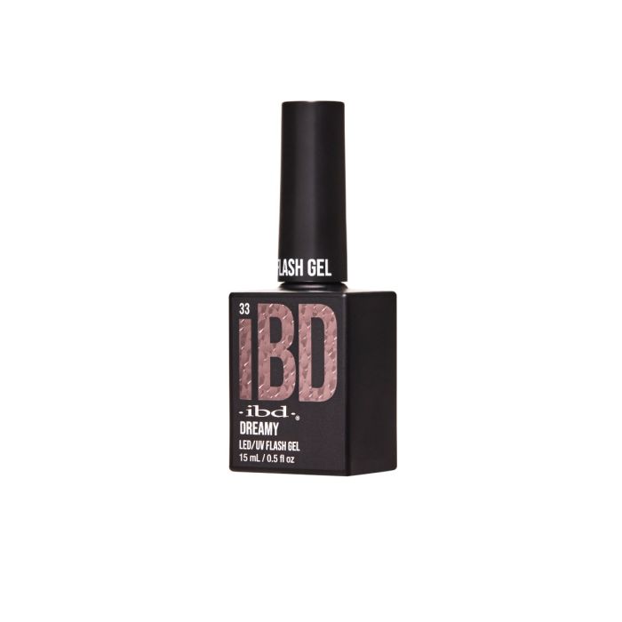 ibd Flash Gel Dreamy in 15mL bottle, soak-off LED/UV flash gel polish in a rose-toned glitter shade.
