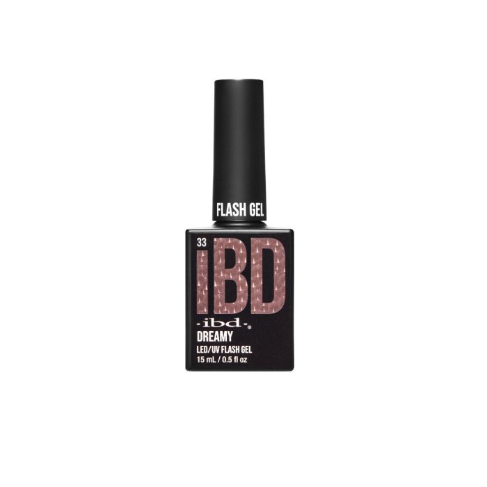 ibd Flash Gel Dreamy in 15mL bottle, LED/UV flash gel polish in a shimmering rose gold shade with glitter finish.