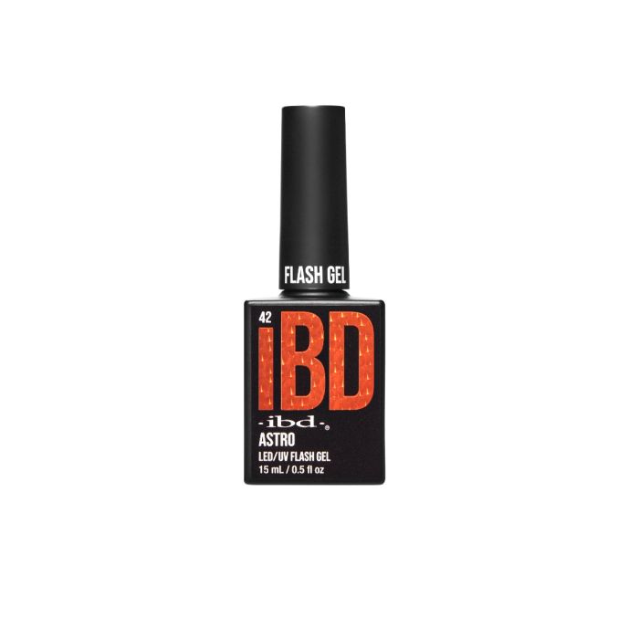 ibd Flash Gel Astro in 15mL bottle, LED/UV flash gel in a bold orange shimmer shade.