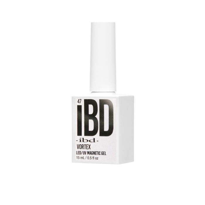 ibd Magnetic Gel Vortex bottle angled view, deep black magnetic gel in a modern white square bottle.