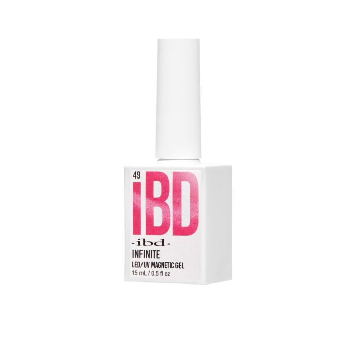 ibd Magnetic Gel Infinite bottle angled view, fiery red magnetic gel in a crisp white LED/UV bottle.