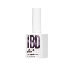 Side angle of IBD Mystic Magnetic Gel 15mL bottle with rich violet branding and white matte cap.