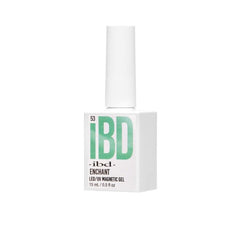 Side view of IBD Enchant Magnetic Gel 15mL bottle, mint green metallic logo on sleek white design.