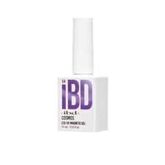 Angled view of IBD Cosmos Magnetic Gel bottle with bold purple metallic logo and white matte finish.