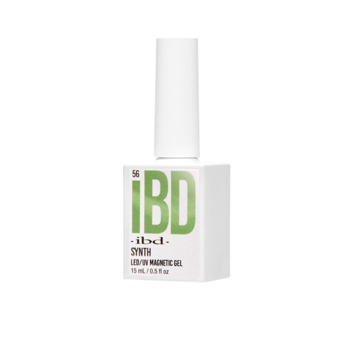 Side view of IBD Synth Magnetic Gel bottle showcasing neon green logo and smooth white cap.