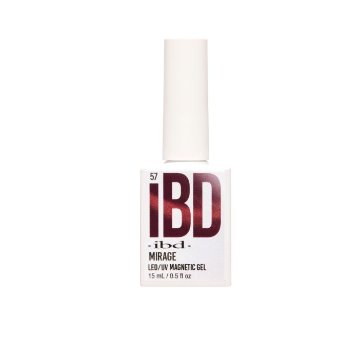 IBD Mirage LED/UV Magnetic Gel in a white 15mL bottle with deep red metallic branding for luxe nails.