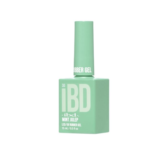 IBD Mint Julep Rubber Gel bottle angled view in soft seafoam green, perfect for relaxed and spa-inspired nails.