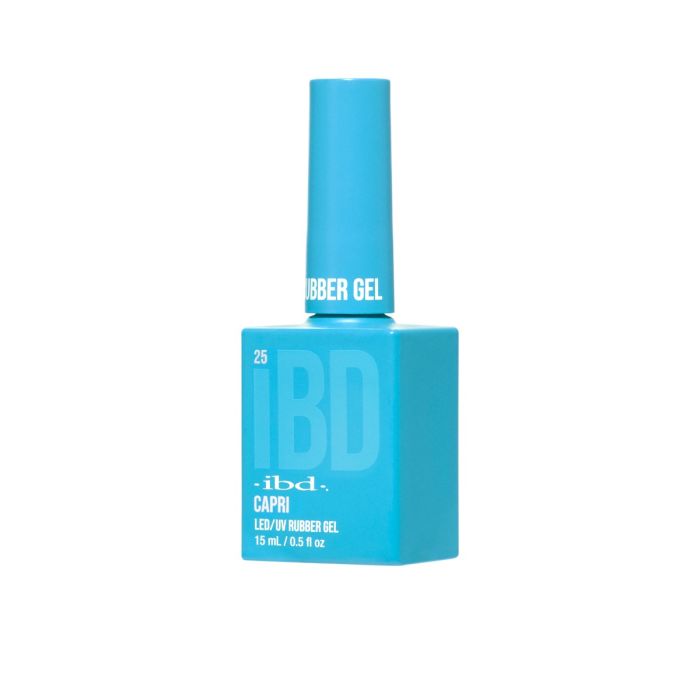 IBD Capri Rubber Gel bottle angled view in vivid turquoise, perfect for bright and tropical-inspired nail looks.