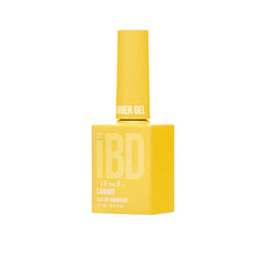 IBD Canary Rubber Gel bottle angled view in vibrant yellow, ideal for creating fun and playful nail looks.
