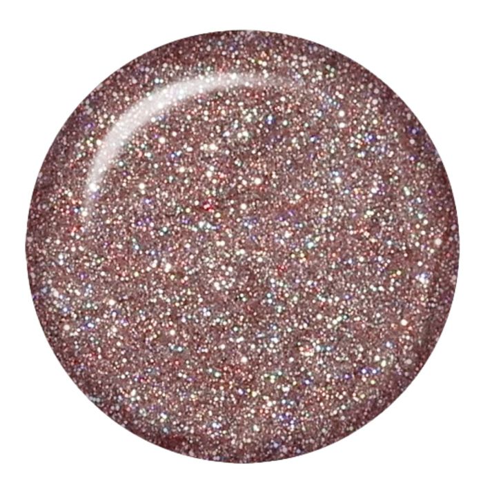 ibd Flash Gel Dreamy swatch, rose gold glitter shade with multidimensional sparkle for gel manicures.